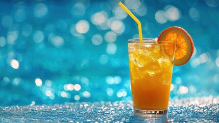 The refreshing orange cocktail by the sparkling blue poolside.