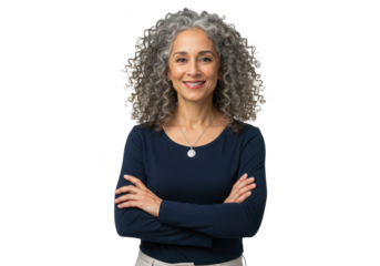 Mature woman with curly gray hair smiling with arms crossed isolated on transparent background