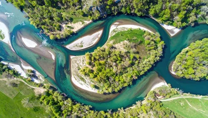 Fototapete Krankenhaus Aerial View of Braided Teal River and Lush Green Island  © budi