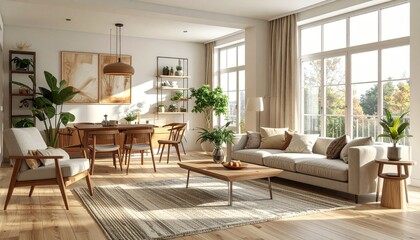 Fototapeta premium Bright and Cozy Modern Living Room with Green Plants and Natural Light