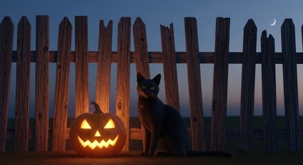 Spooky Halloween scene with glowing jack o lantern, black cat, and rustic wooden fence at dusk
