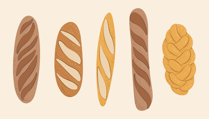 Assorted bread loaves and baguettes, ideal for bakery menus, food blogs, or cooking designs.