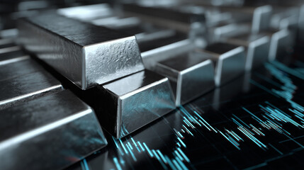 Silver bars on price increasing chart. Concept of silver price increasing, economy demand