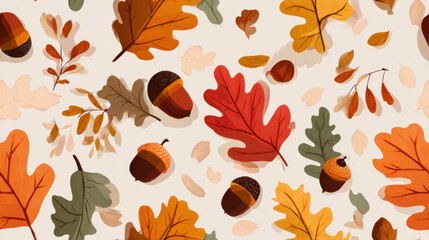 Fototapeta premium Seamless pattern of colorful autumn oak leaves and acorns on light background