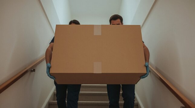 Two men carrying large cardboard box down the stairs.  Professional movers  