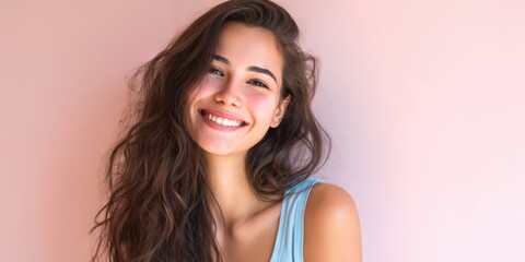 The smiling woman with long hair radiating joy and positivity.