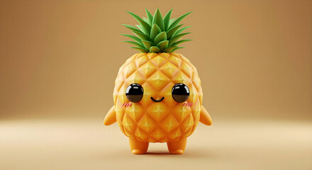 Adorable Kawaii Pineapple Character with Happy Face in 3D Cartoon Style