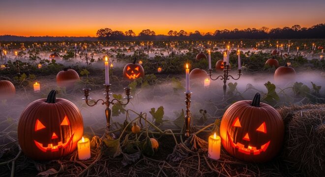 Enchanting Halloween pumpkins and candlelit scene in a spooky pumpkin patch at sunset