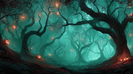 Fototapeta premium Mysterious forest with twisted trees and floating jack-o'-lanterns, glowing green mist, surreal matte painting, dark teal and crimson accent, fantasy atmosphere