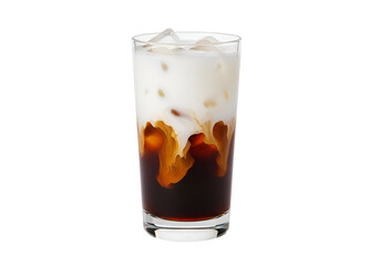 A tall, clear glass filled with a layered iced coffee drink, featuring a creamy white milk component and rich dark brown coffee, creating a visually appealing design.