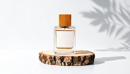 Square Perfume Bottle Mockup with Wooden Cap on Marble