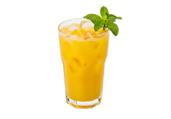 Refreshing, vibrant orange juice drink in a tall glass, garnished with fresh mint, sits against a plain black backdrop.