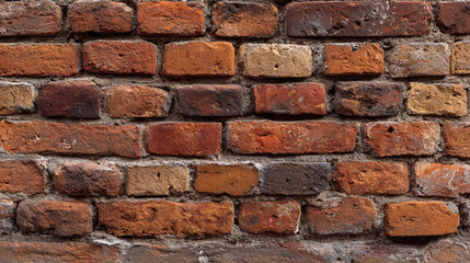 Fototapeta premium A detailed close up shot showcasing an old brick wall with varied shades of red and textured surfaces