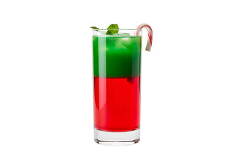 Obraz premium A festive layered cocktail with vibrant green and red colors, garnished with mint leaves and a candy cane.