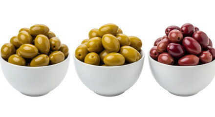 Isolated green and red olives in bowls