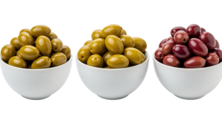 Isolated green and red olives in bowls