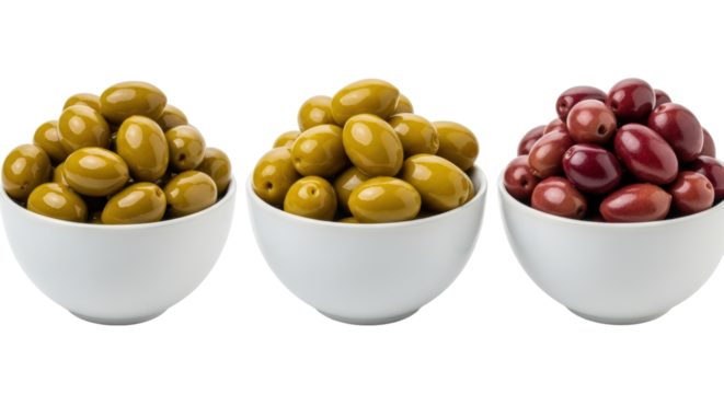 Isolated green and red olives in bowls