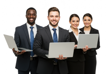 Diverse business team with laptops isolated on transparent background