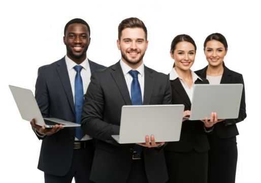 Diverse business team with laptops isolated on transparent background
