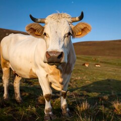Gentle cow gazing, hillside pasture