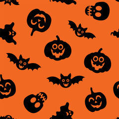 Halloween themed pattern with bats, pumpkins, and ghosts on an orange background creating a festive atmosphere