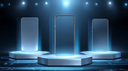 Futuristic digital podium with blue spotlight illumination