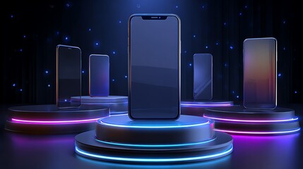 Futuristic smartphone displayed on illuminated neon pedestals