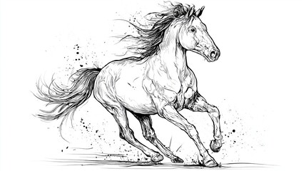 Majestic Galloping Horse with Flowing Mane in a Dynamic Ink Sketch Style
