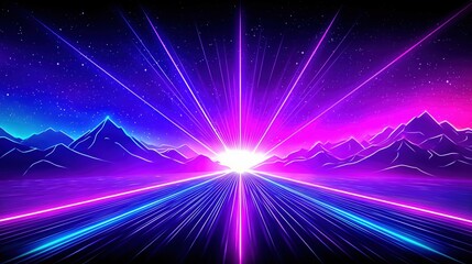 Stunning Neon Landscape Illustrating Vibrant Light Rays Over Majestic Mountains at Dusk
