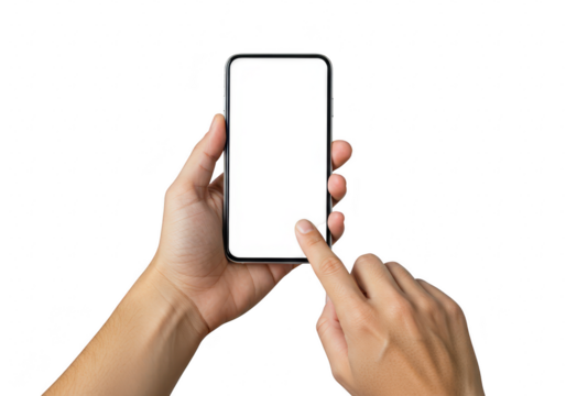 Hand holding a smartphone with blank screen isolated on transparent background