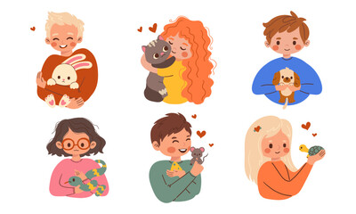 Children with their pets. Kids holding different home pets. Set of happy domestic animal owners. Flat vector illustrations isolate on white .