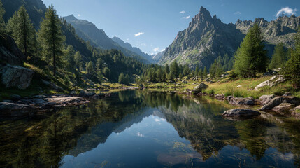 Fototapeta premium Mountain lake reflecting the scenic landscape of trees and mountains under a clear blue sky view