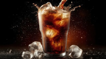 Refreshing Cola Splashing into a Chilled Glass with Ice Cubes in a Dramatic Setting
