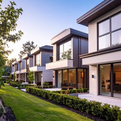 Modern sustainable homes with timber details surrounded by greenery