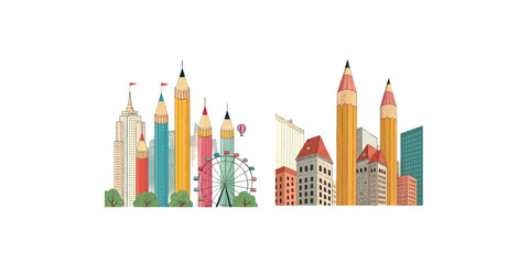 Obraz premium Print Whimsical Vector Illustration of Oversized Stationery Items Forming a Surreal Cityscape