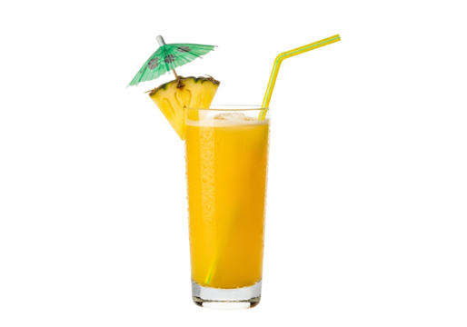 A tall glass of vibrant yellow pineapple juice, garnished with a paper umbrella and pineapple slices, ready to be enjoyed.