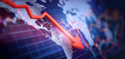 The downward trend of global financial markets represented by a striking red arrow.