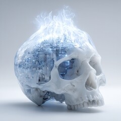 Halloween concept. Futuristic skull with circuitry and glowing elements.