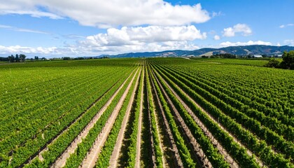 Aerial View of Diagonal Rows in a Lush Green Vineyard