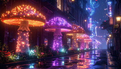 Obraz premium fantasy glowing mushrooms on city street at night