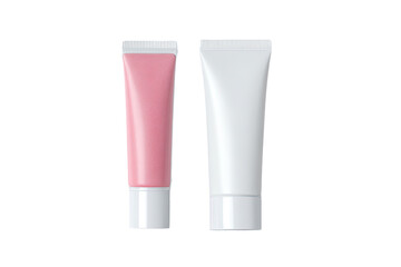 Two tubes of cosmetic product, one pink, one white, in a close-up, studio shot.  The tubes are identical in shape and size, with a glossy, smooth surface and a white plastic cap.  