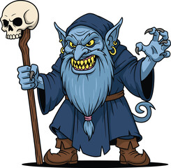 Blue fantasy goblin shaman, cartoon villain character, magical staff with skull, evil sorcerer, mythical creature, dark wizard, fantasy art, mystical monster, enchanted villain design