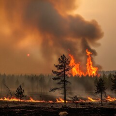 A forest ablaze under a smoky sky