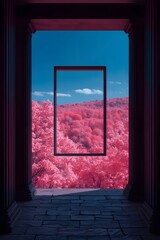 Surreal landscape view of vibrant pink trees under clear blue sky framed by a black square within architectural columns, symbolizing imagination, creativity, perspective, and artistic dreamlike vision
