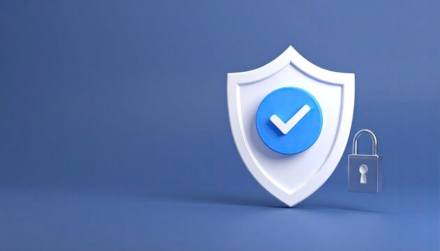 Secure Payment Concept: White Shield with Check Mark and Padlock on Blue Gradient Background - Powered by Adobe