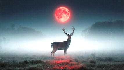 Naklejka premium Red Moon Majestic stag stands in a mystical, ethereal landscape bathed in vibrant red moonlight, evoking a sense of wonder and fantasy for creative projects
