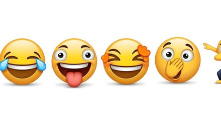 A humorous collection of expressive yellow face icons for social media, showcasing a range of emotions from joyful laughter to playful winking