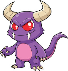 Cartoon purple monster with red eyes and beige horns, playful fantasy creature illustration for Halloween, comic mascot, children’s character design artwork