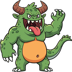 Cartoon green monster with horns and claws, fierce fantasy creature illustration for games, comics, and playful mascot or adventure design themes