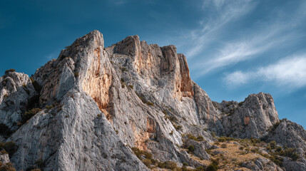 A towering rock formation under a bright blue sky with scattered clouds on a sunny afternoon day light